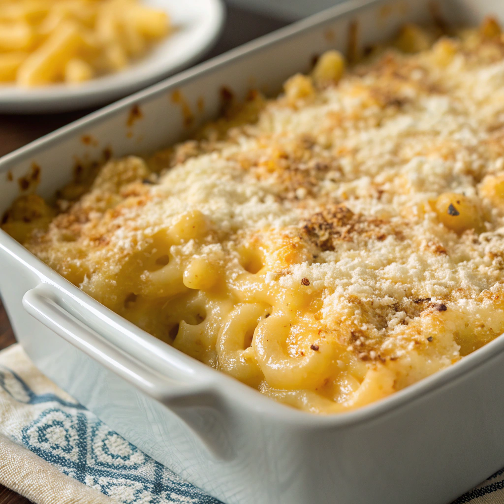 a baking dish filled with creamy mac and cheese, sprinkled with additional cheese on top