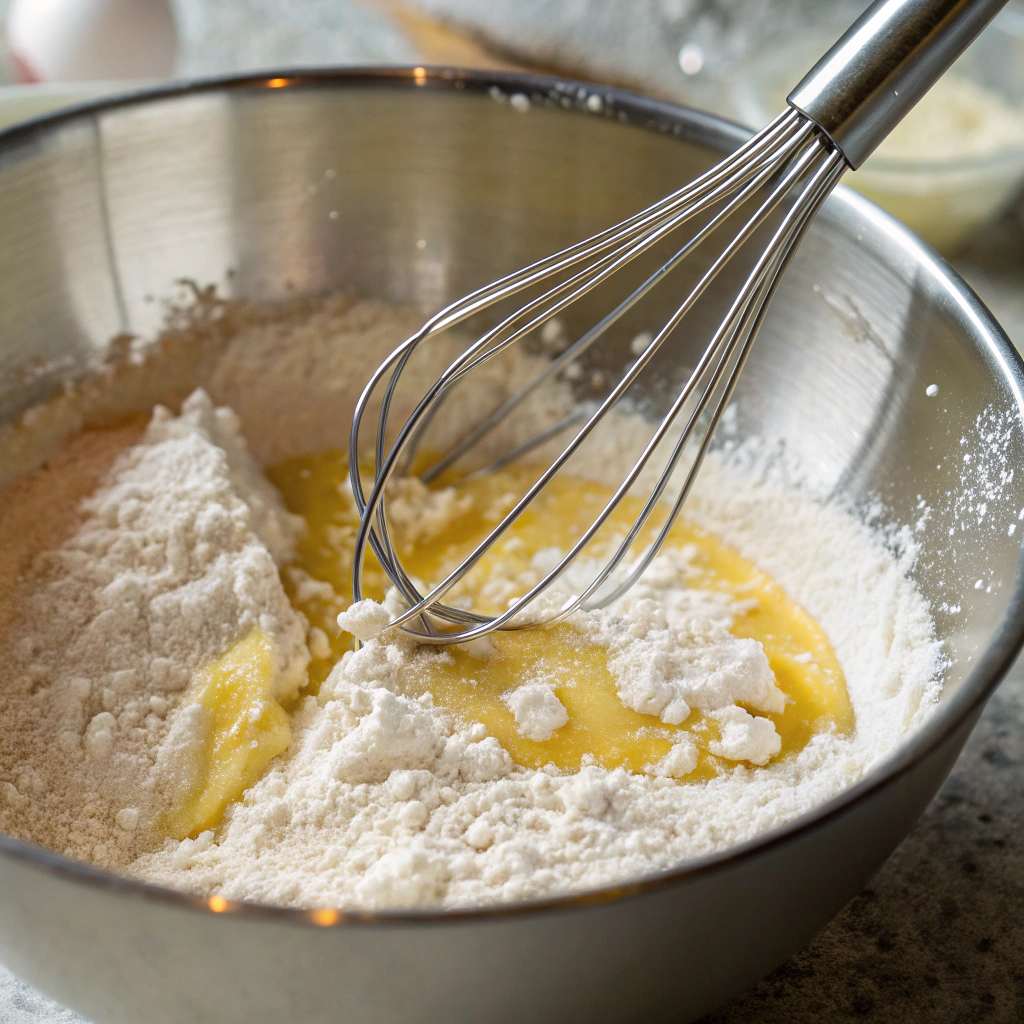 a mixing bowl with melted butter and all-purpose flour being whisked together