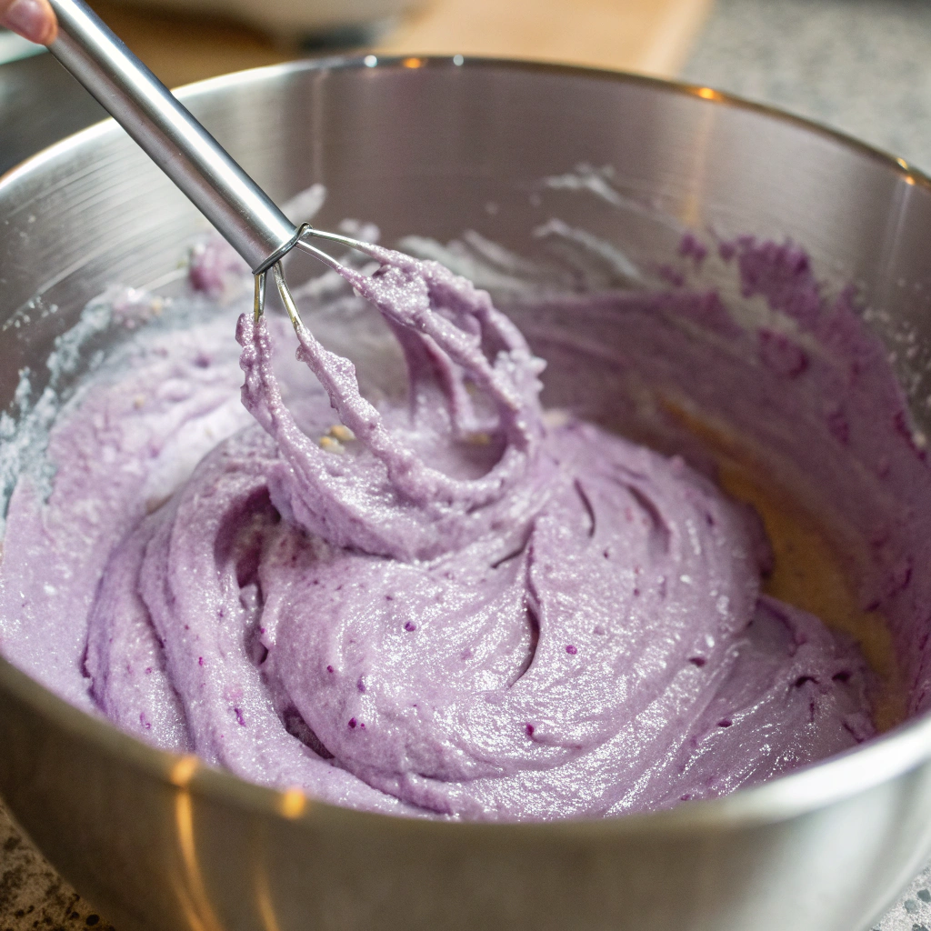 a mixing bowl with taro flavored pancake batter, showing a smooth purple consistency