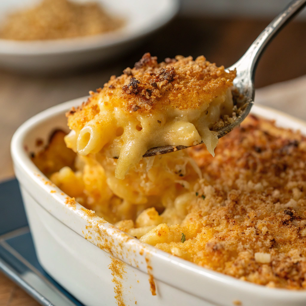 a serving of baked mac and cheese topped with melted cheese and a crispy breadcrumb layer