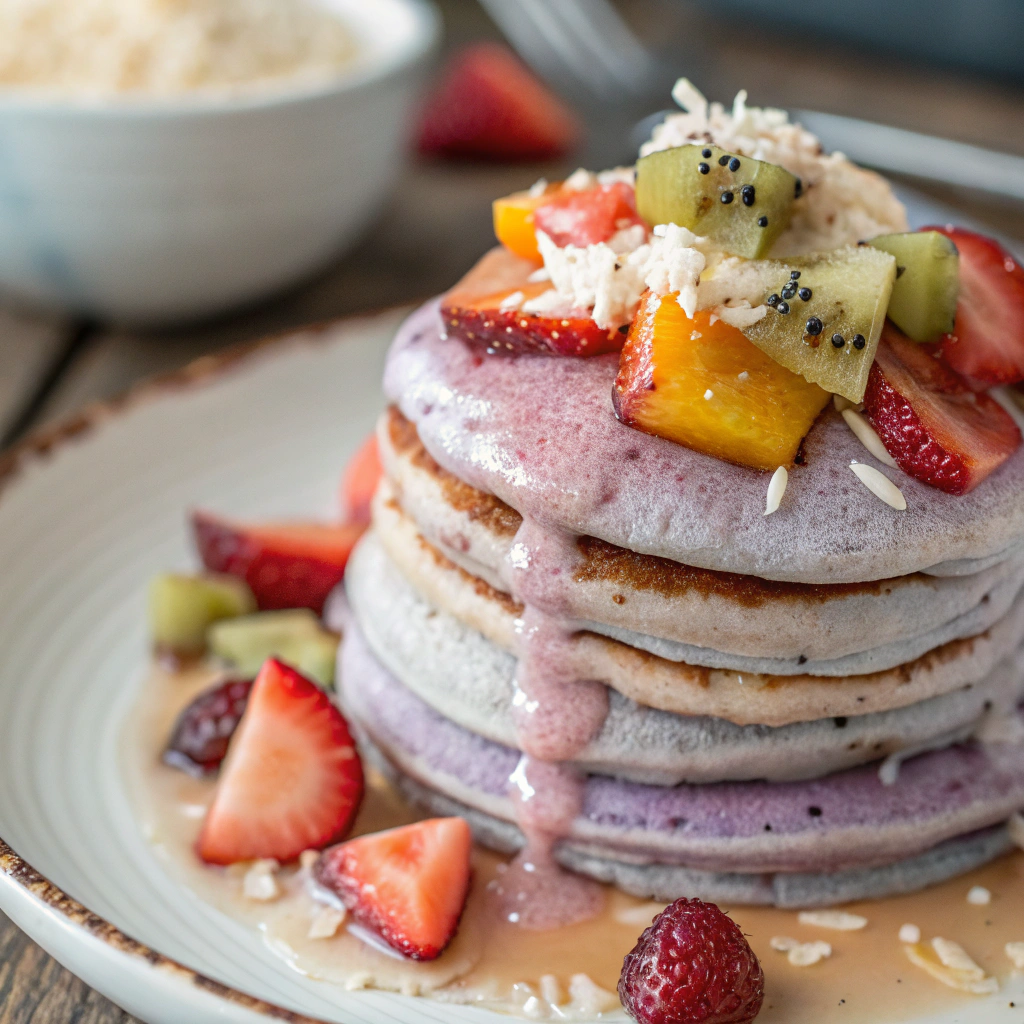 a stack of taro flavored pancakes on a plate, topped with coconut syrup and fresh fruit