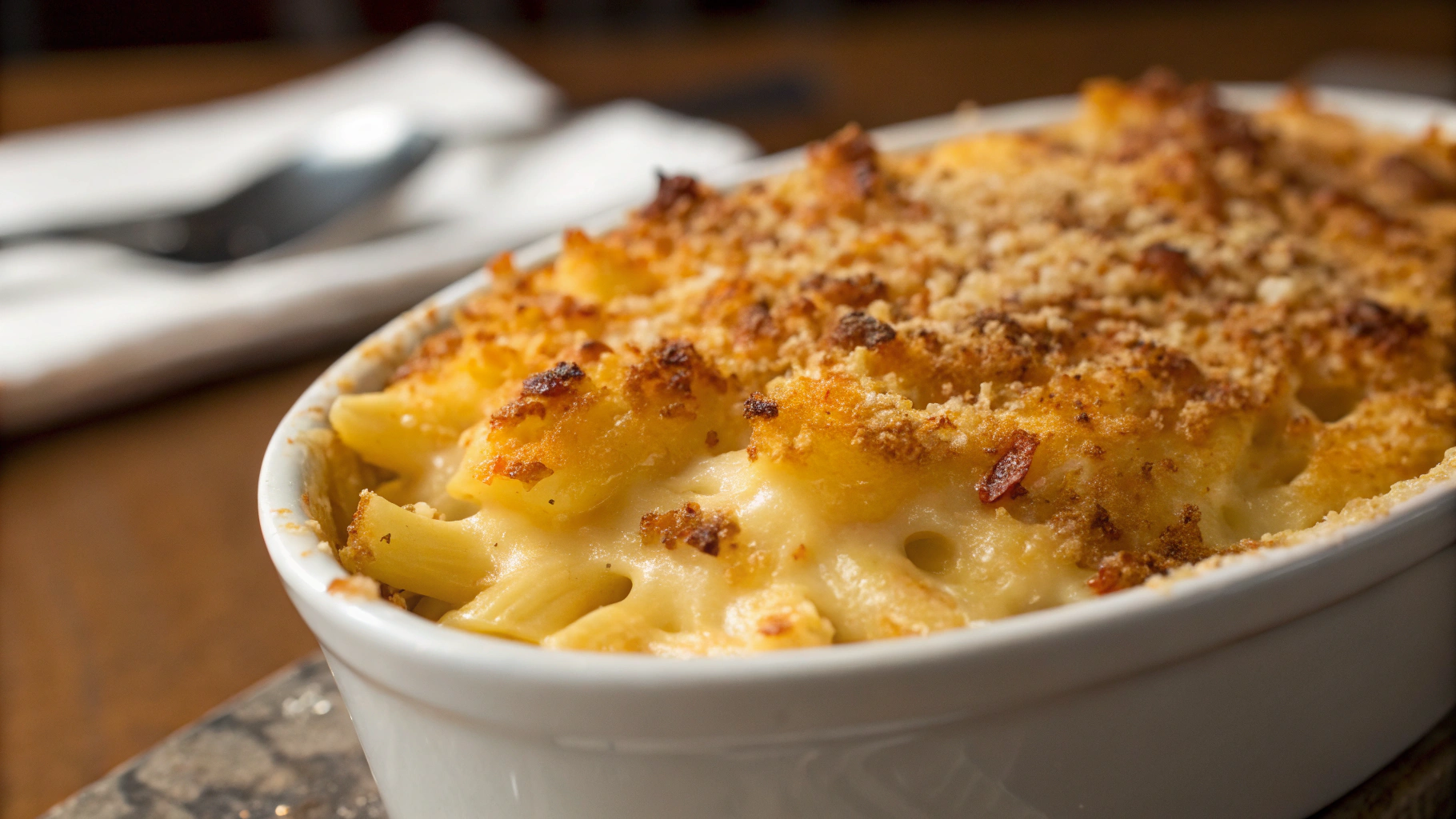 features a close-up of golden-brown baked mac and cheese with melted cheese and a crispy topping