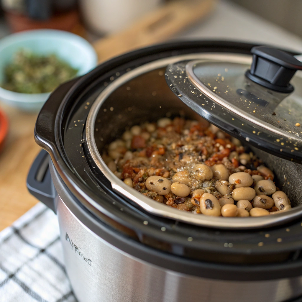 Instant Pot lid secured tightly, showing the black eyed peas inside with visible seasoning