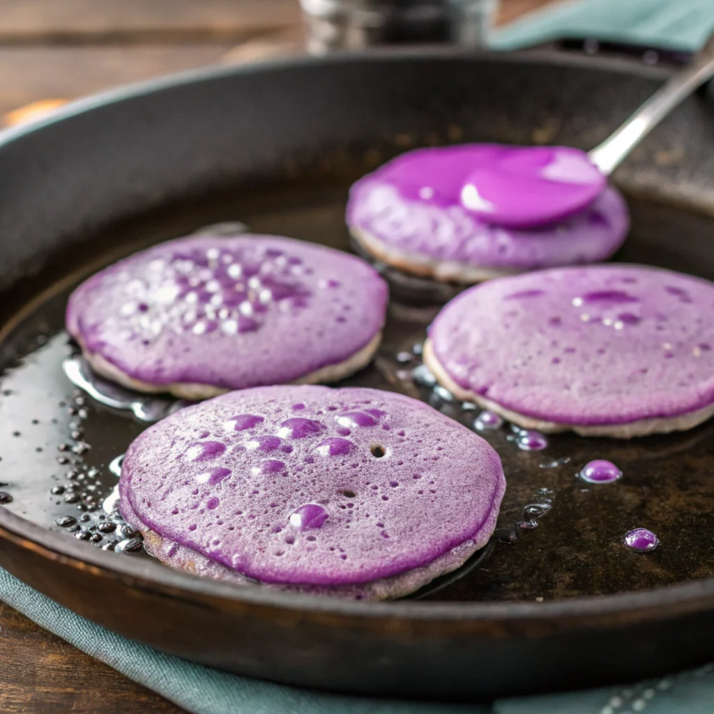 purple taro flavored pancakes cooking on a skillet