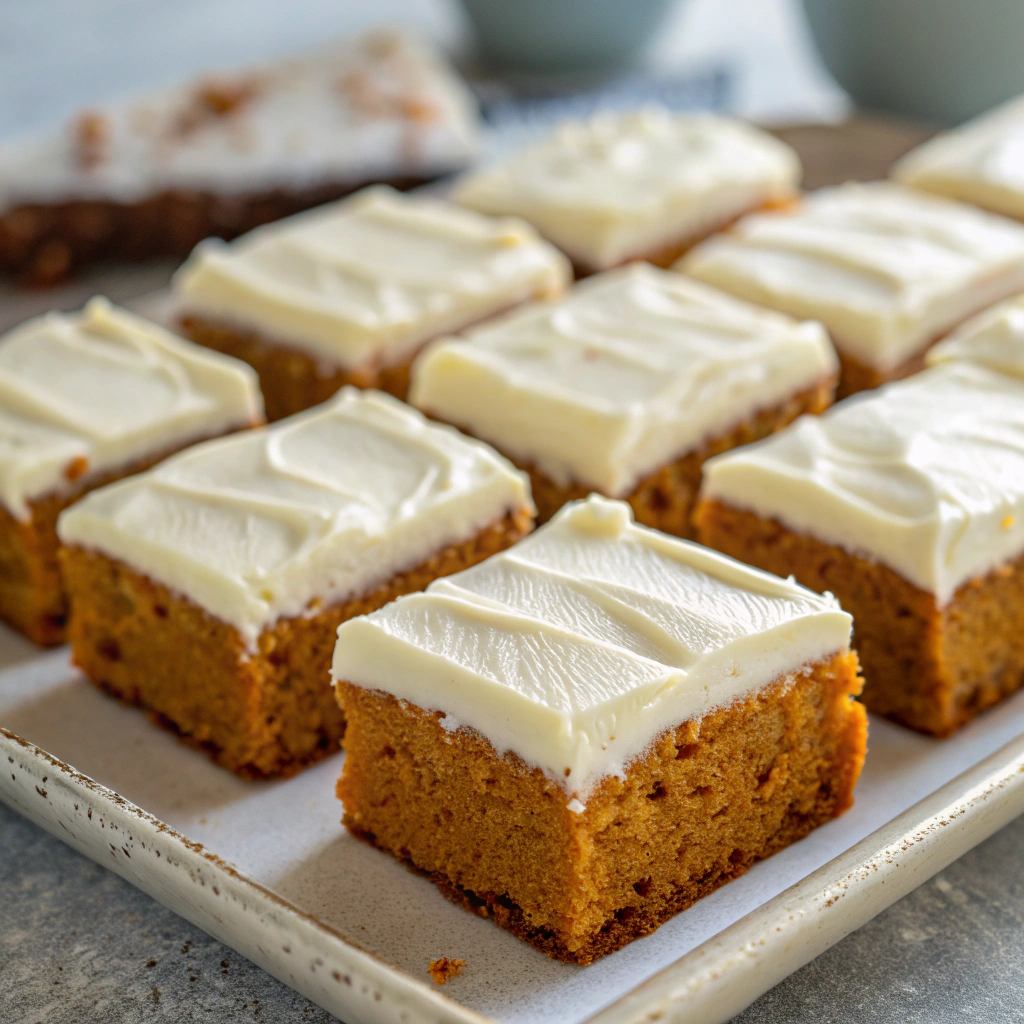 a batch of pumpkin bars with smooth cream cheese frosting, neatly arranged on a serving platter, displaying their soft texture and rich color