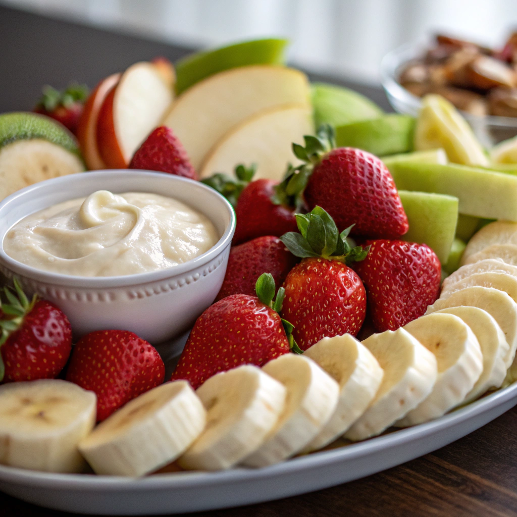 fruit dip with marshmallow fluff; a beautifully arranged platter of fresh fruits including strawberries banana slices and apple wedges served with a creamy fruit dip with marshmallow f