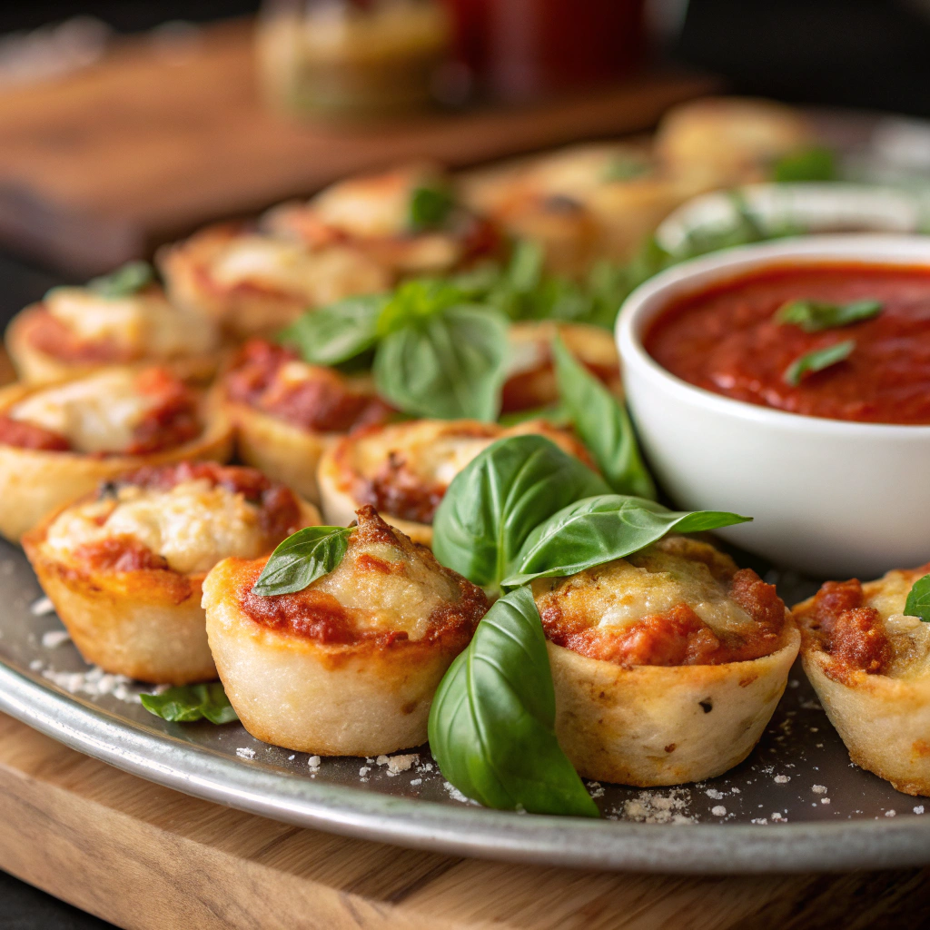 A beautifully arranged platter of pizza bites garnished with fresh basil and served with a side of marinara dipping sauce