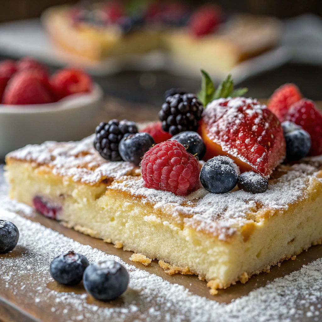 A beautifully decorated ooey gooey butter cake topped with fresh berries and a dusting of powdered sugar, ready to serve