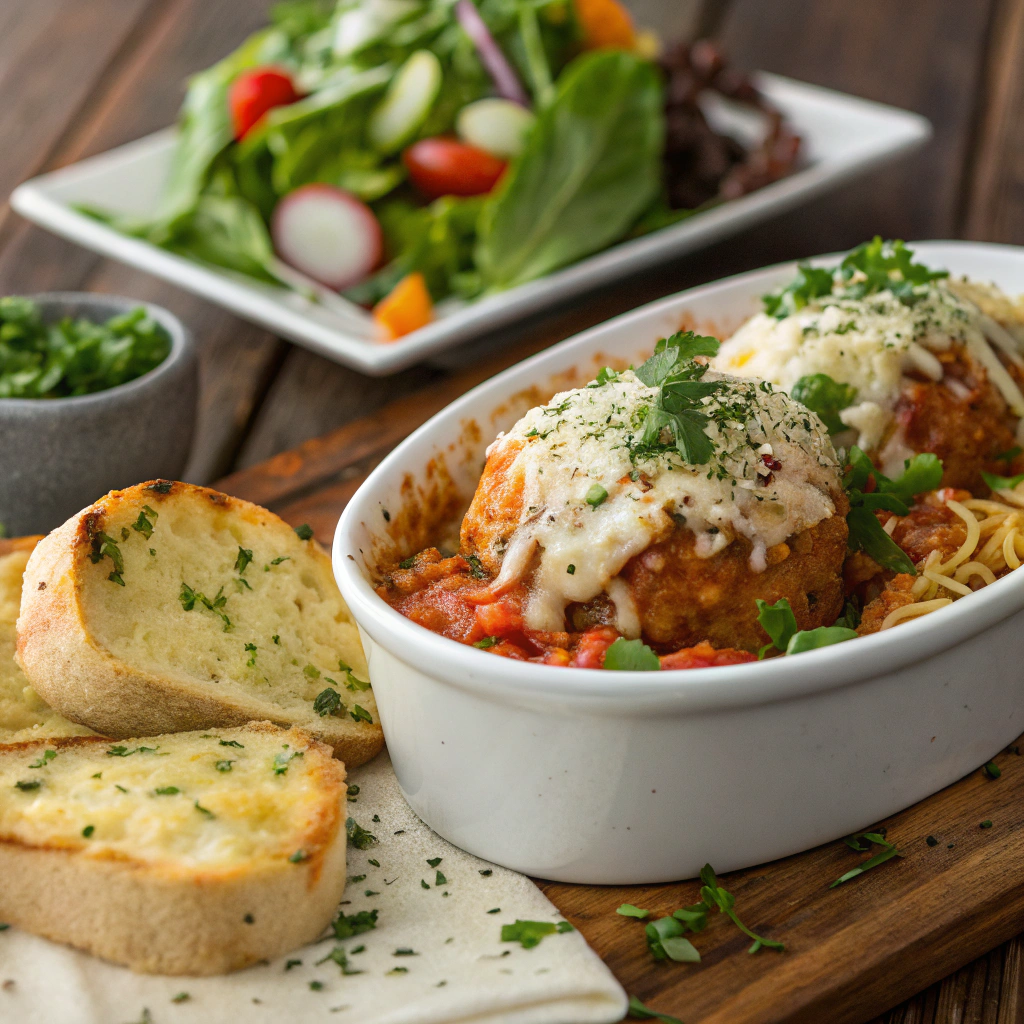 a beautifully garnished sicilian rice ball casserole served alongside a fresh green salad and garlic bread, presented on a rustic wooden table