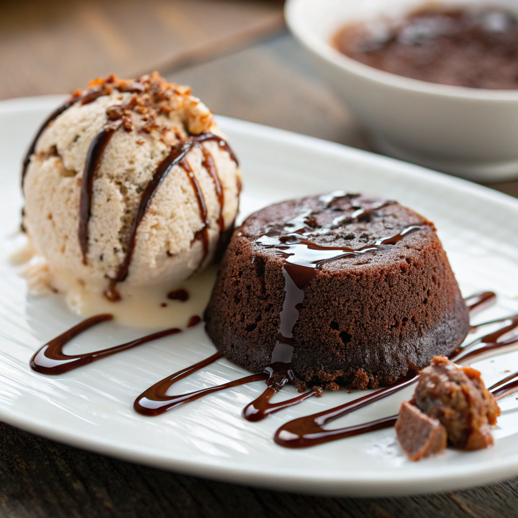 A beautifully plated microwave chocolate pudding cake served with a scoop of cottage cheese chocolate mousse and a drizzle of chocolate syrup