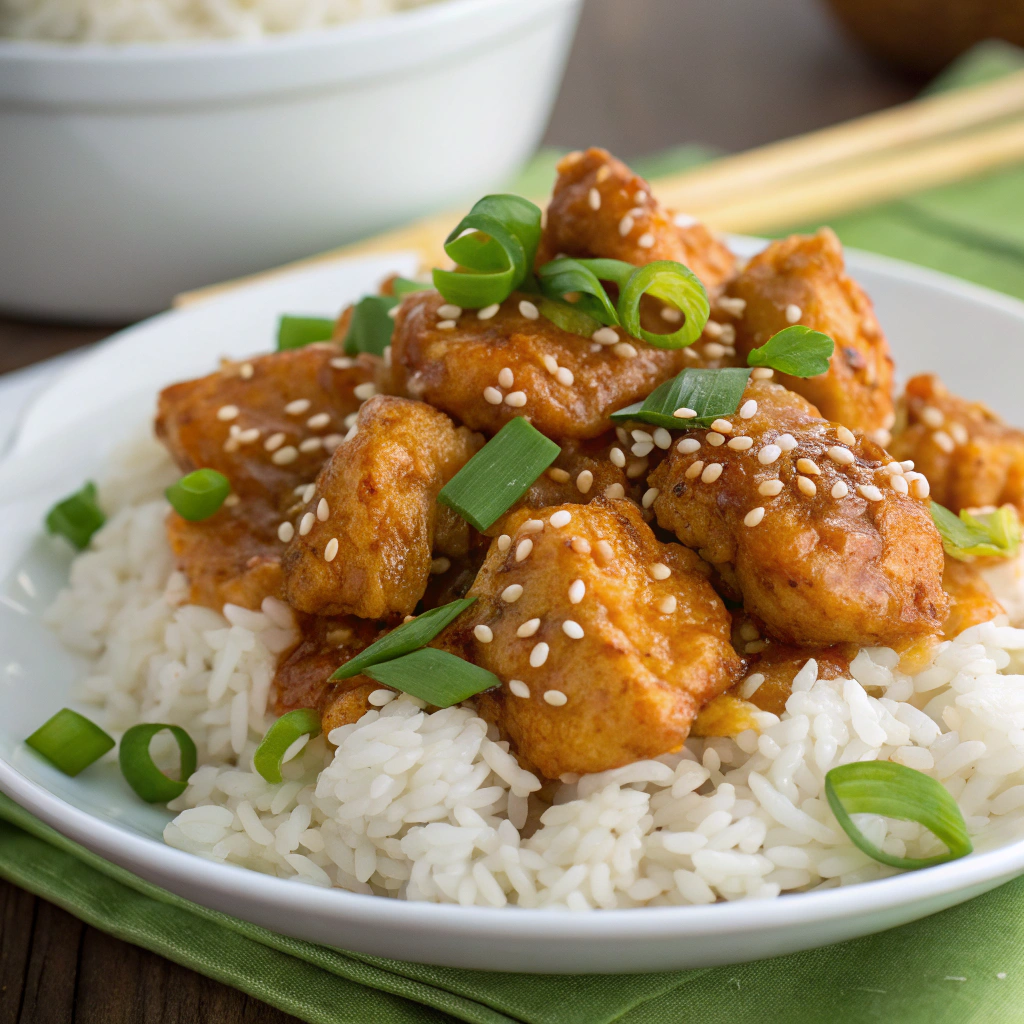 a beautifully plated orange chicken dish served over white rice, garnished with sesame seeds and green onions