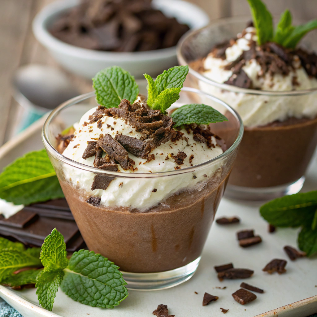 A beautifully presented cottage cheese chocolate mousse garnished with mint leaves and chocolate shavings