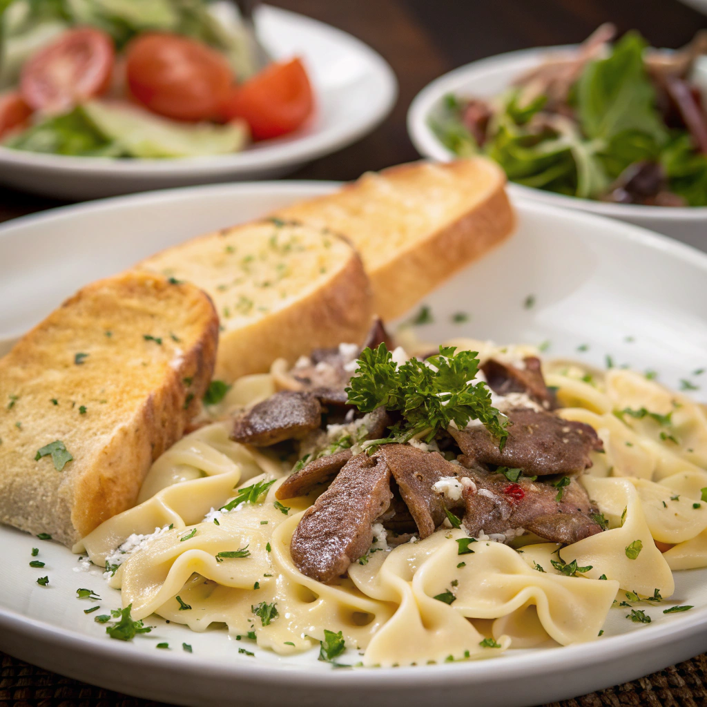 a beautifully presented plate of beef and bowtie pasta with alfredo sauce, accompanied by garlic bread and a side salad, garnished with fresh parsley