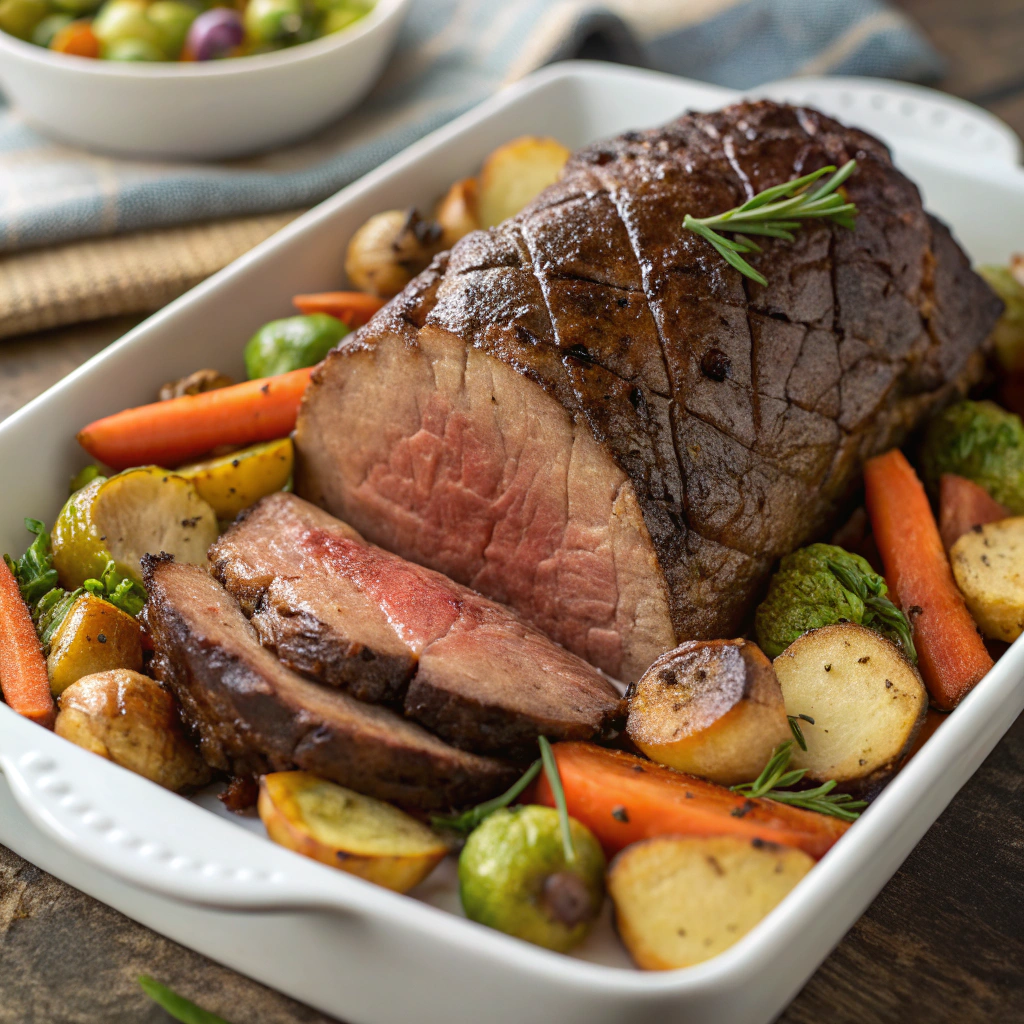 a beautifully roasted beef roast surrounded by oven-roasted vegetables, highlighting its tender texture and appealing presentation