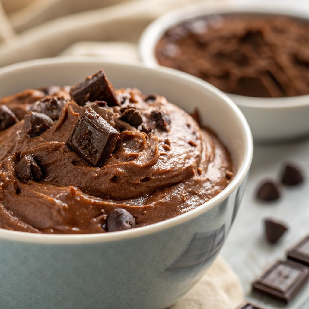 A bowl filled with rich chocolate pudding cake batter being prepared for microwaving