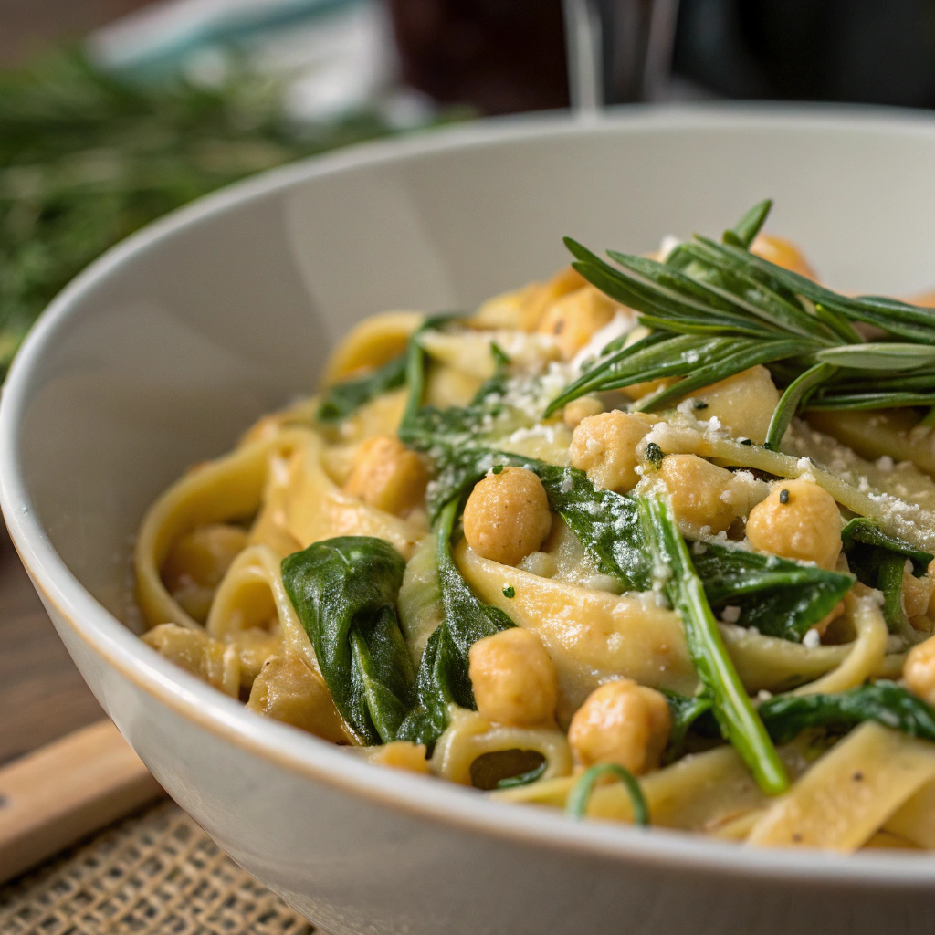 a bowl of chickpea pasta with spinach and rosemary, showing the creamy sauce mixing with the pasta and fresh spinach leaves