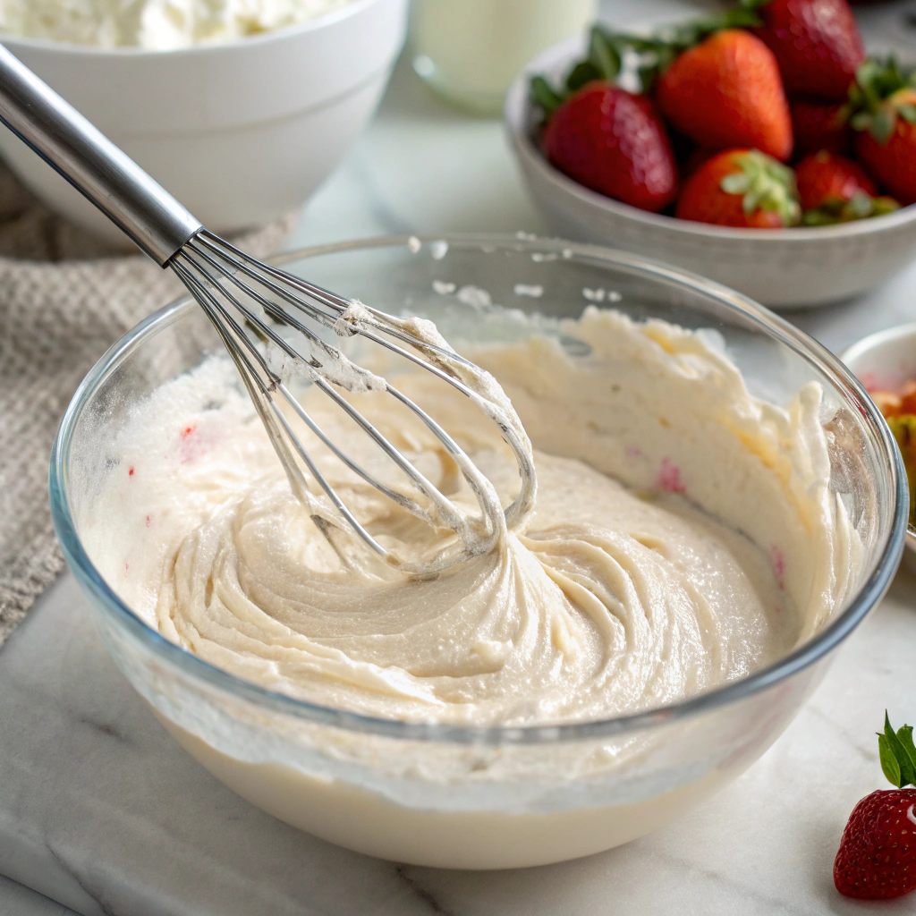 a bowl of creamy fruit dip with marshmallow fluff being blended with a whisk on a kitchen countertop