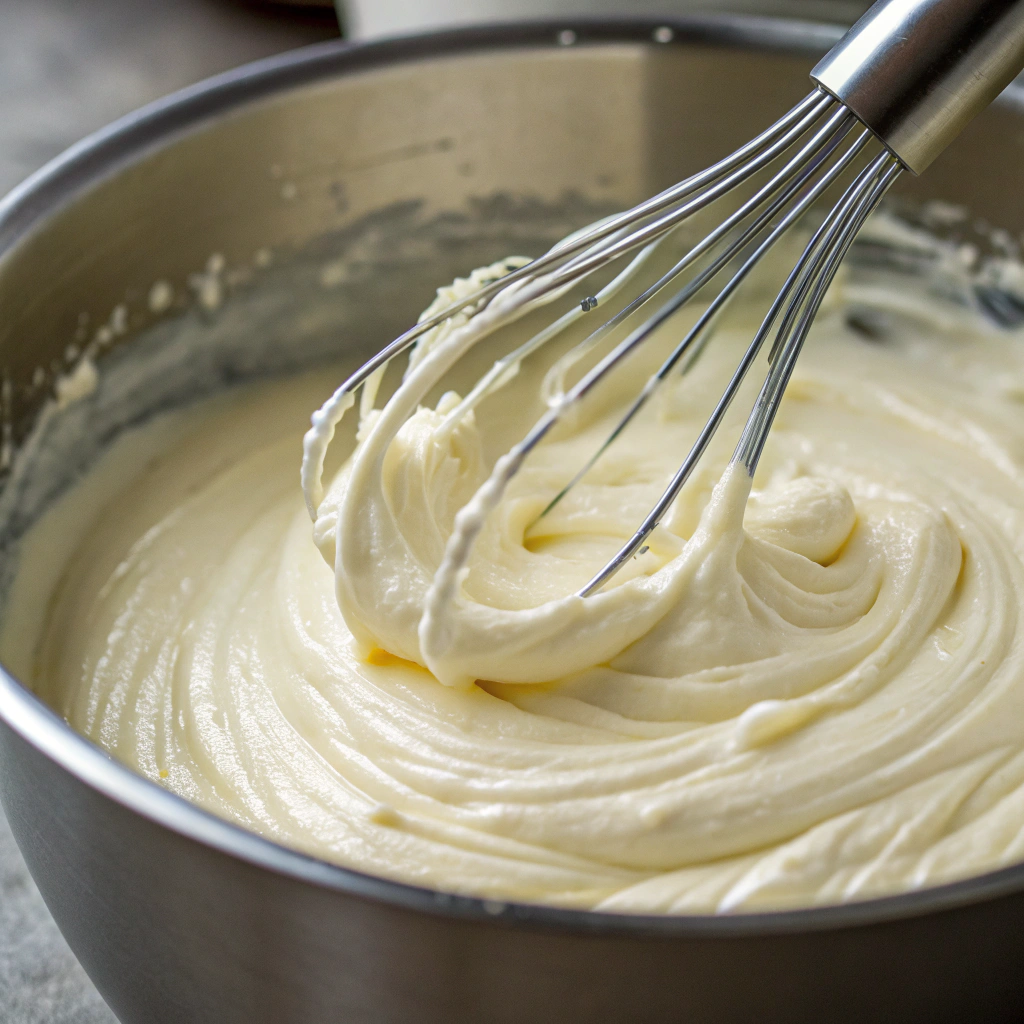 a bowl of creamy vanilla cream cheese pudding being whisked to a smooth consistency