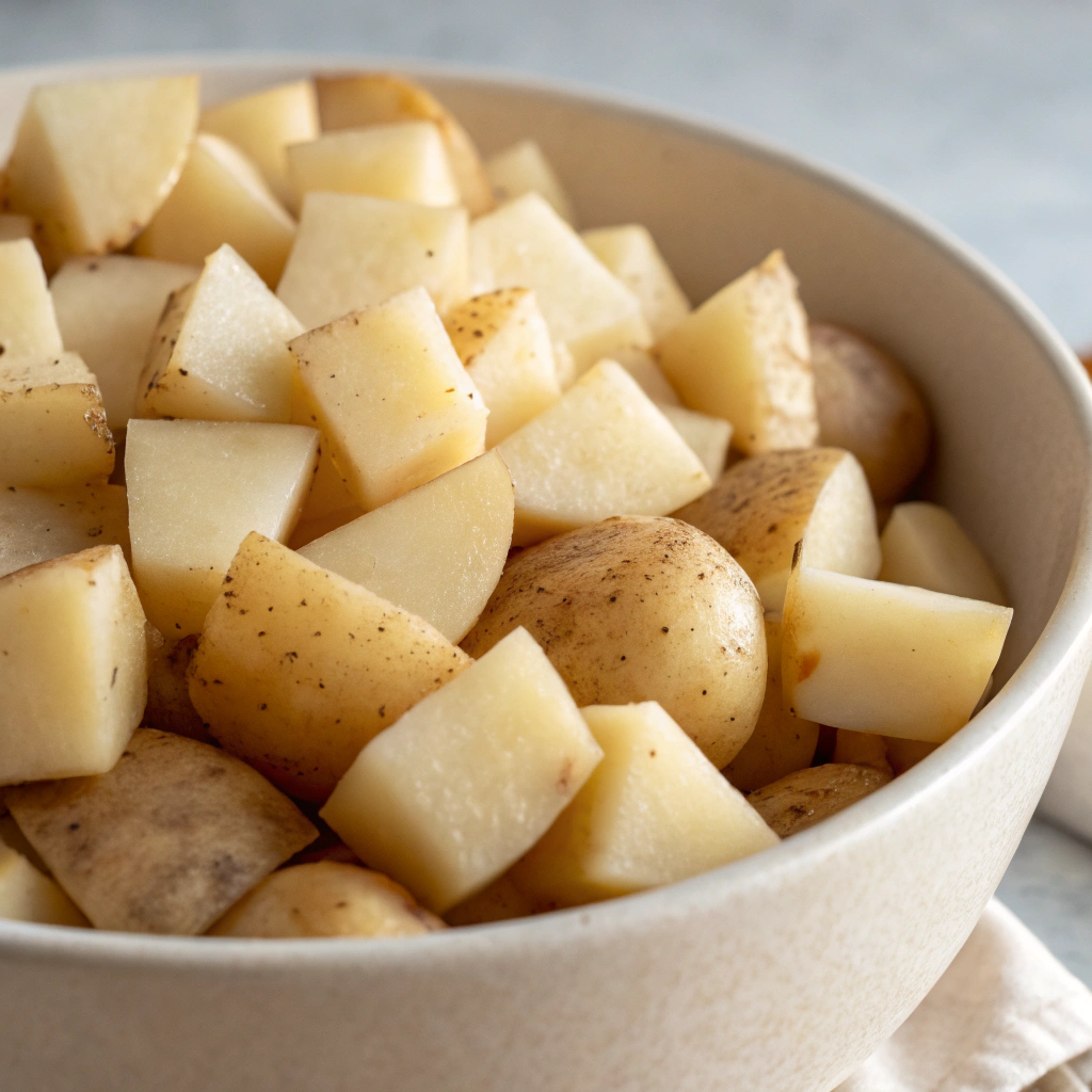 a bowl of diced baking potatoes ready to be added to the crock pot for loaded baked potato soup