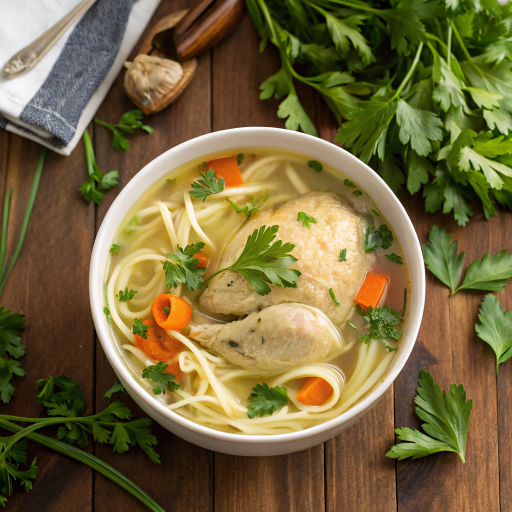 a bowl of homemade chicken noodle soup with whole chicken garnished with fresh parsley and surrounded by fresh herbs on a wooden table