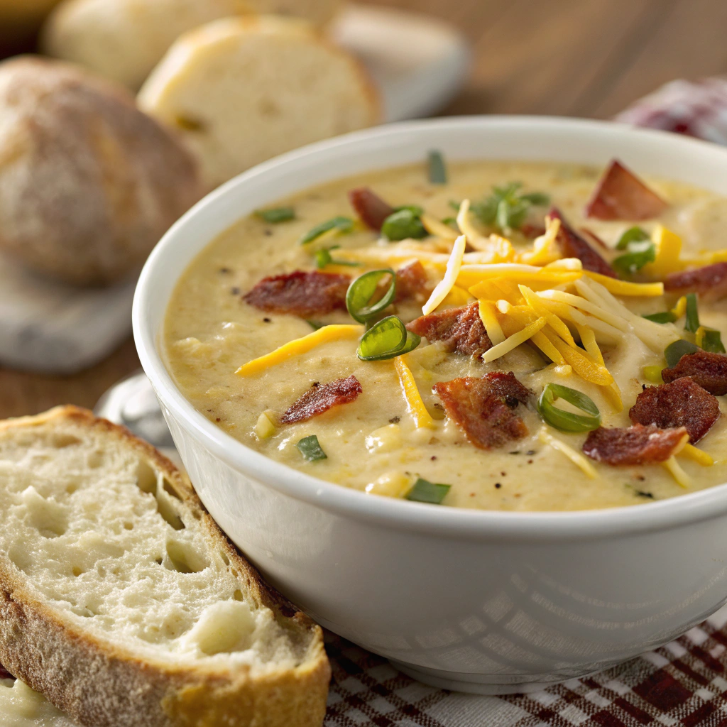 a bowl of loaded baked potato soup crock pot served with crusty bread on the side and topped with extra shredded cheese