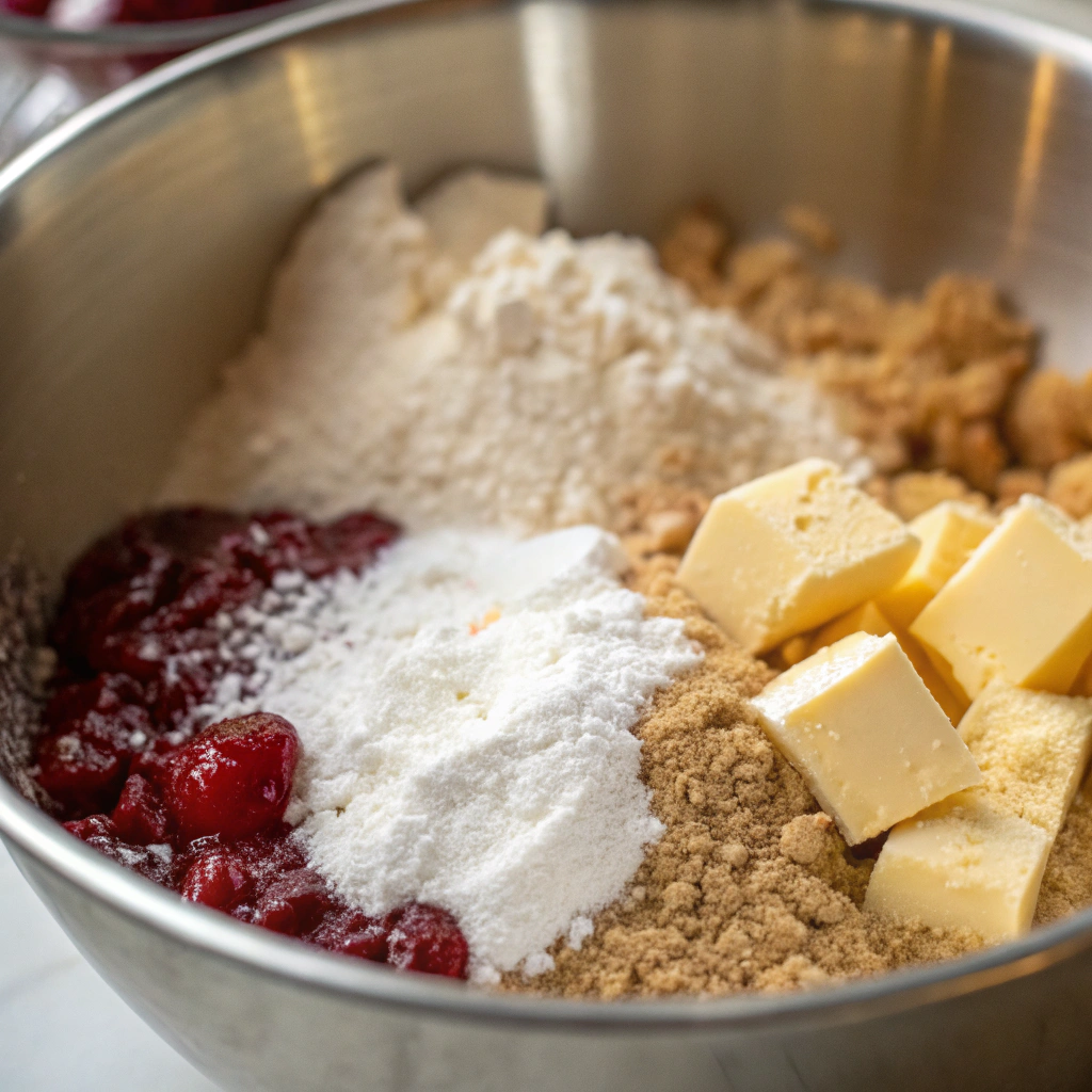 linzer tart cookies recipe; a bowl of mixed ingredients including softened butter sugar and flours ready for making linzer tart cookies