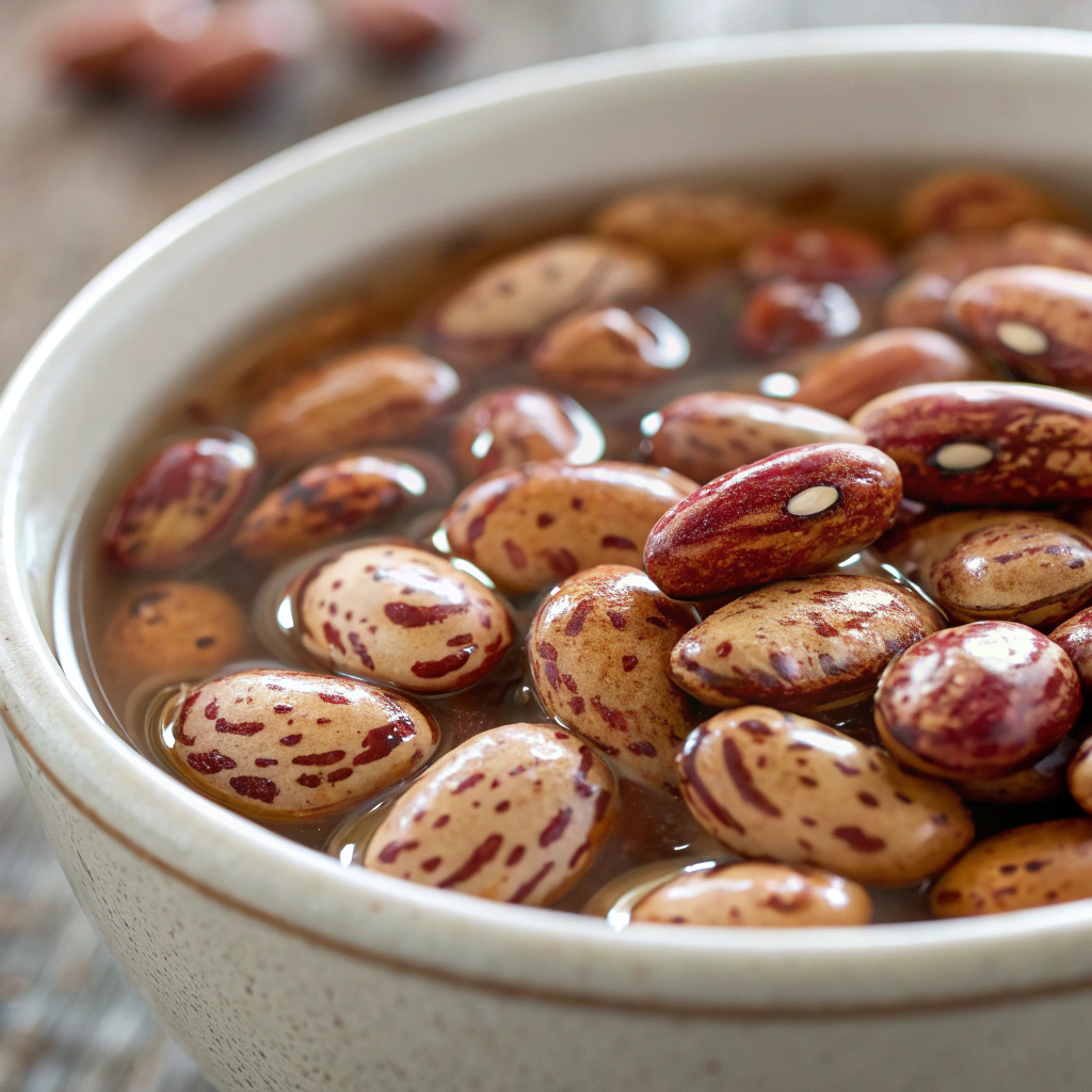 a bowl of pinto beans soaking in water, with an emphasis on the beans’ texture and color