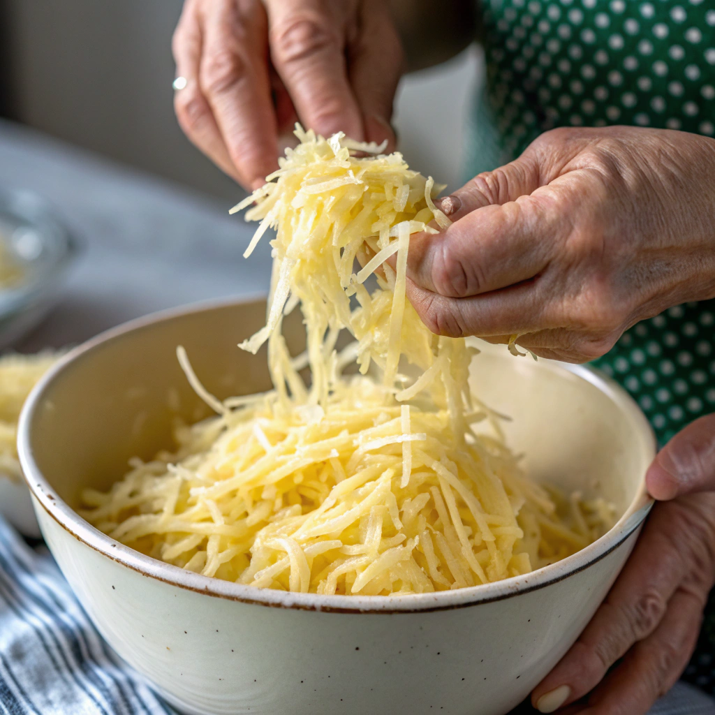 a bowl of shredded russet potatoes being squeezed to remove excess moisture