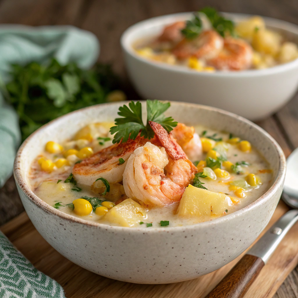 A bowl of shrimp corn chowder with potatoes served in a rustic white bowl, topped with fresh parsley and surrounded by a wooden table setting.