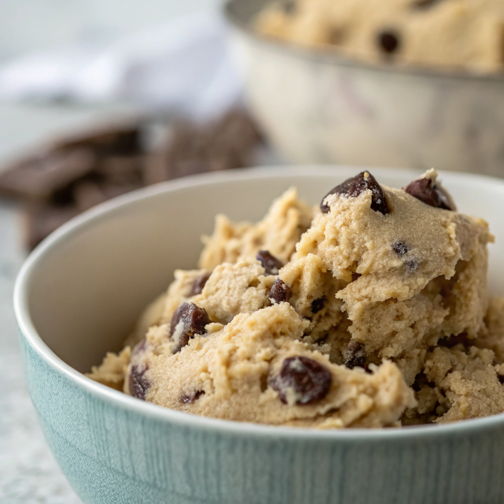 a bowl of sourdough discard chocolate chip cookies dough, showing the crumbly texture before adding chocolate chips