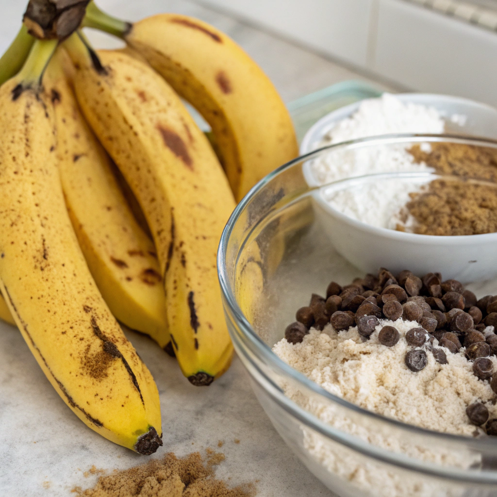 a bunch of ripe bananas on a kitchen counter next to a mixing bowl with ingredients for banana chocolate chip muffins