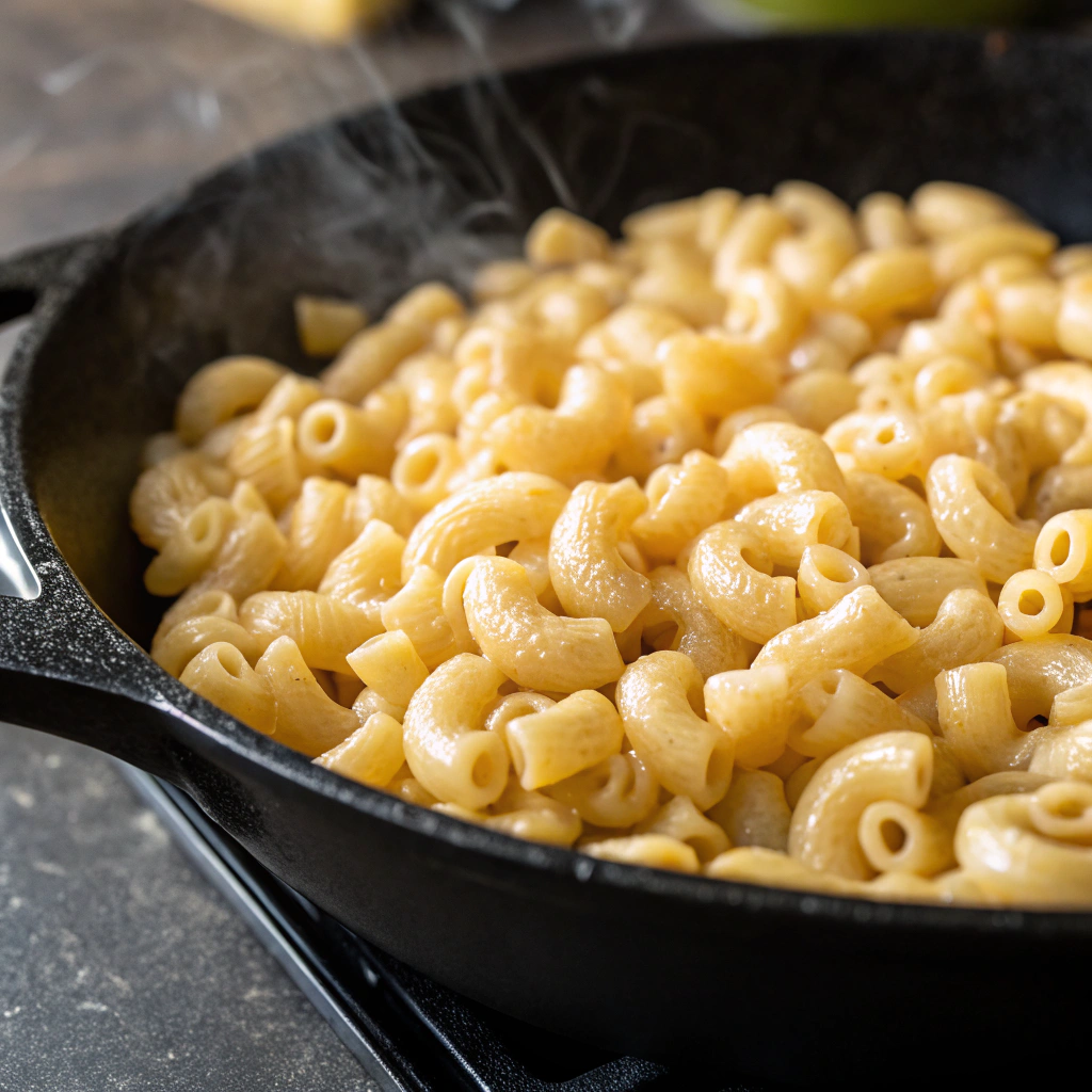 a cast iron skillet filled with al dente elbow macaroni ready to be combined with cheese sauce in a smoker