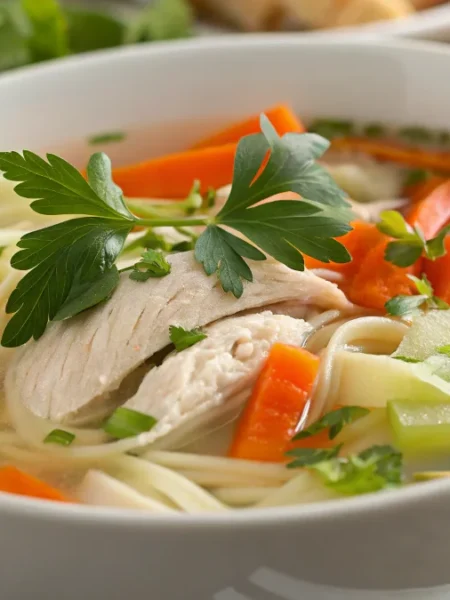 bowl of egg noodle soup with whole chicken garnished with fresh parsley with carrots and celery