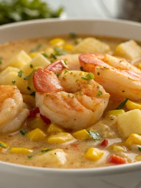 features a shrimp corn chowder with potatoes