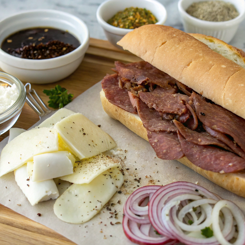 hot roast beef sandwich recipe; a collection of all ingredients laid out for the hot roast beef sandwich including sliced roast beef garlic rolls mozzarella cheese sweet onions and s