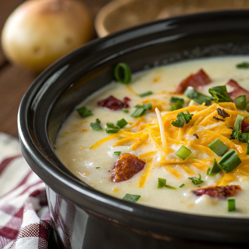 a creamy loaded baked potato soup crock pot with cheese melting into the broth, garnished with chives