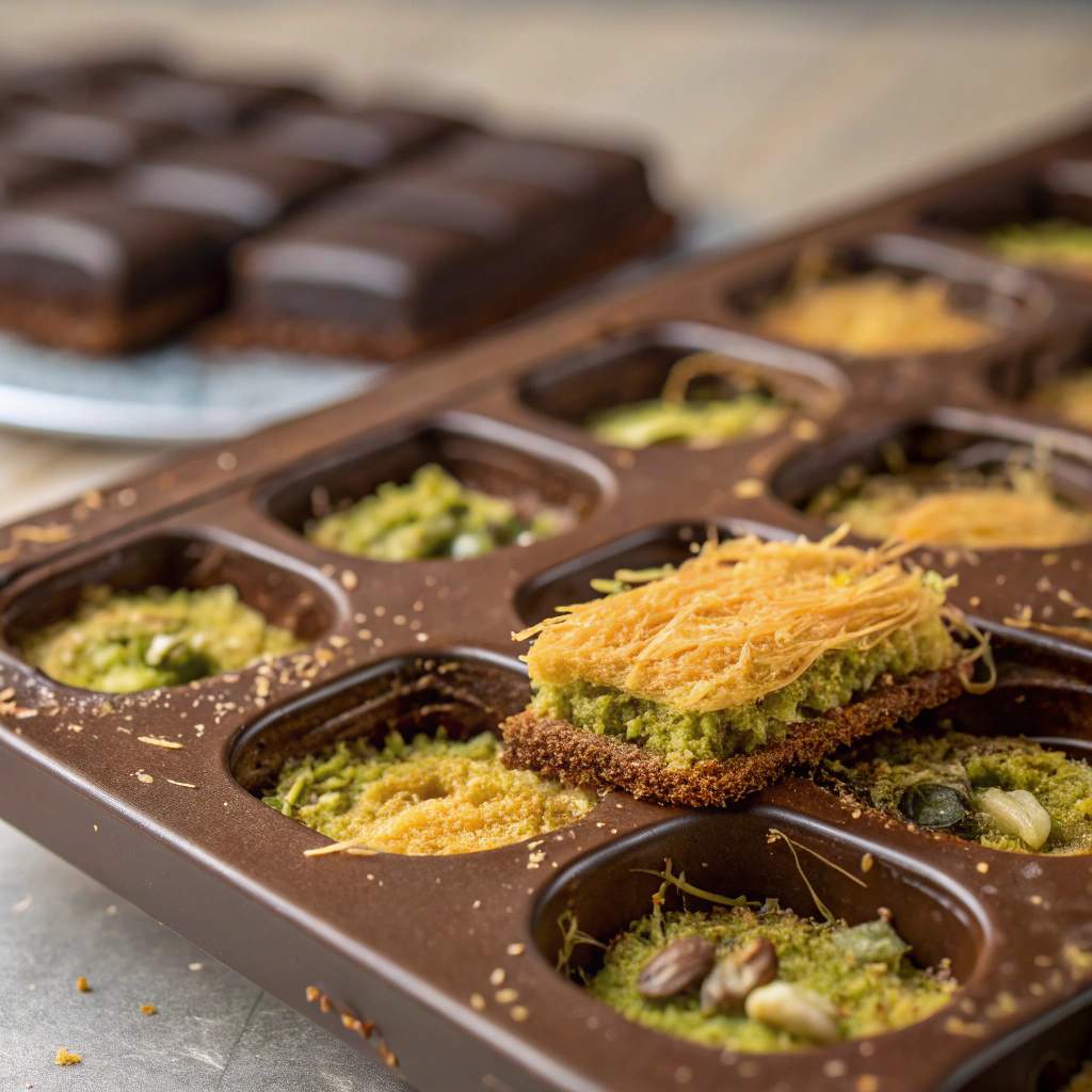 dubai chocolate bar recipe; a filled chocolate mold with alternating layers of golden brown kataifi pastry and creamy pistachio tahini mixture ready to be covered with melted dar