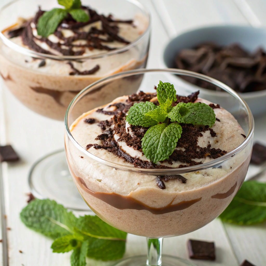 A final presentation of cottage cheese chocolate mousse in elegant glasses, topped with a drizzle of dark chocolate and fresh mint leaves