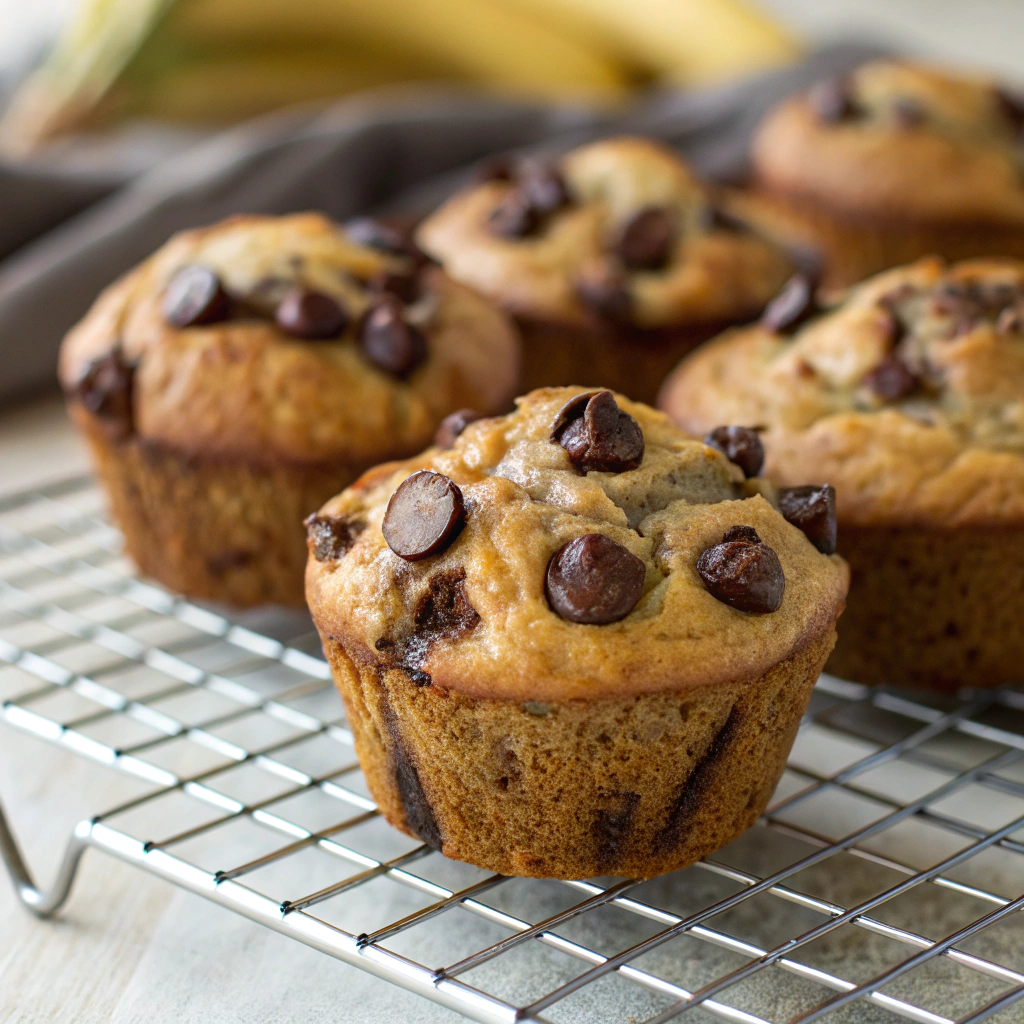 a freshly baked batch of healthy banana chocolate chip muffins cooling on a wire rack with a golden-brown top and melty chocolate chips