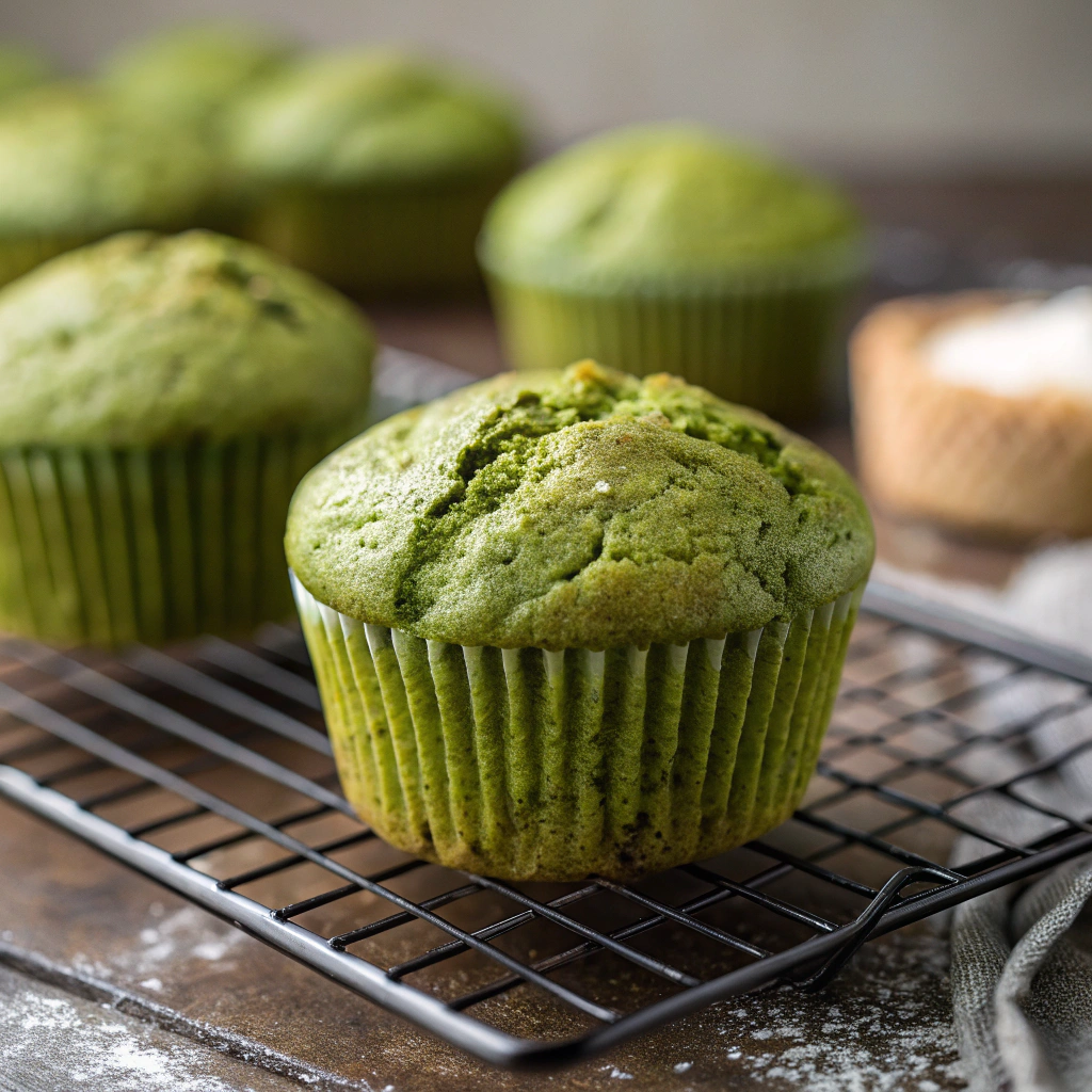 a freshly baked matcha muffin on a cooling rack, showcasing its moist texture and vibrant green color