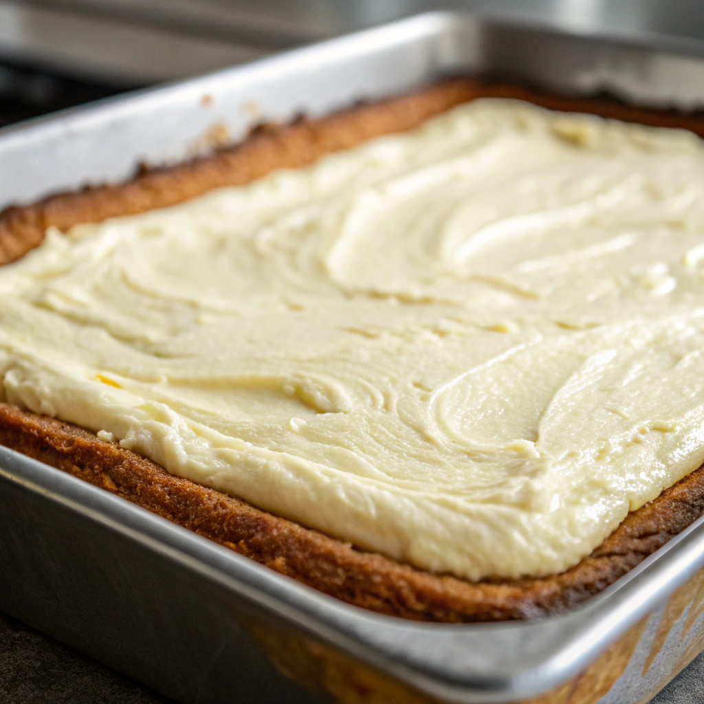 A fully assembled ooey gooey butter cake in the pan before baking, showing the cream cheese filling on top of the cake batter