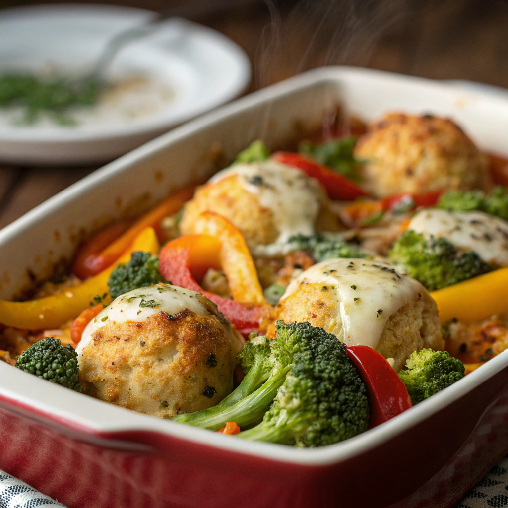 a hearty sicilian rice ball casserole with added vegetables like bell peppers and broccoli, topped with golden-brown mozzarella cheese