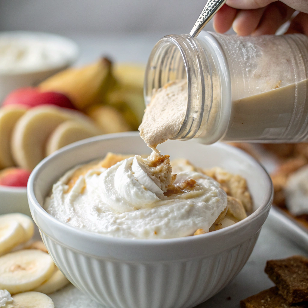 a jar of marshmallow fluff being added to a bowl of cream cheese to make fruit dip with marshmallow fluff