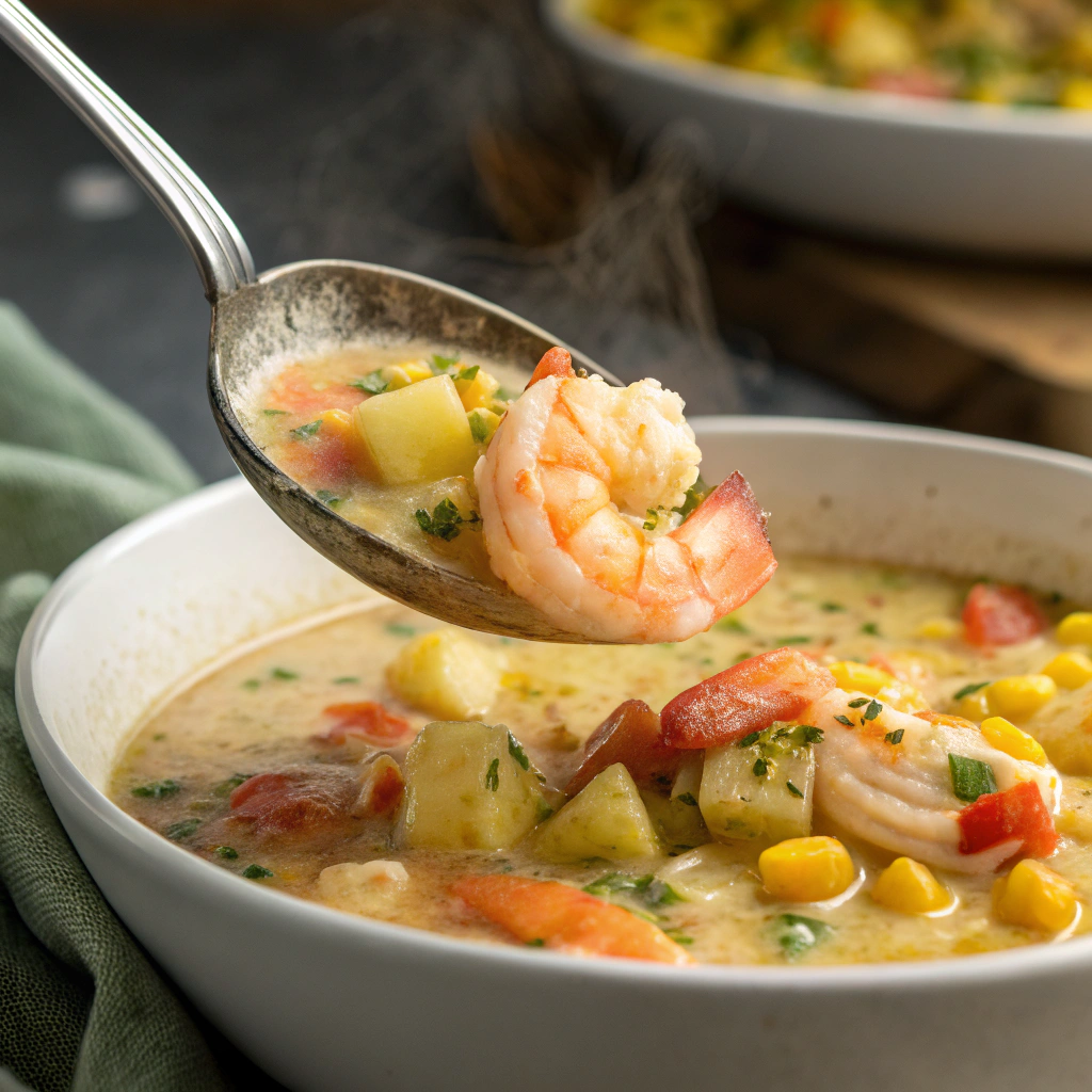 A ladle serving shrimp corn chowder with potatoes into a bowl, highlighting the rich and creamy texture with visible chunks of shrimp and vegetables.