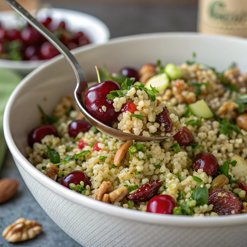 a large bowl of bulgur cherry walnut salad being tossed with a spoon, showing the vibrant mix of grains, cherries, and nuts, ready to be served