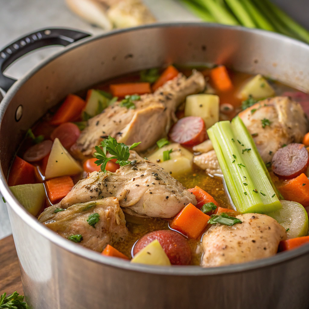 A large pot of chicken stew simmering with tender chicken pieces, diced red potatoes, carrots, and celery, seasoned with herbs and spices.