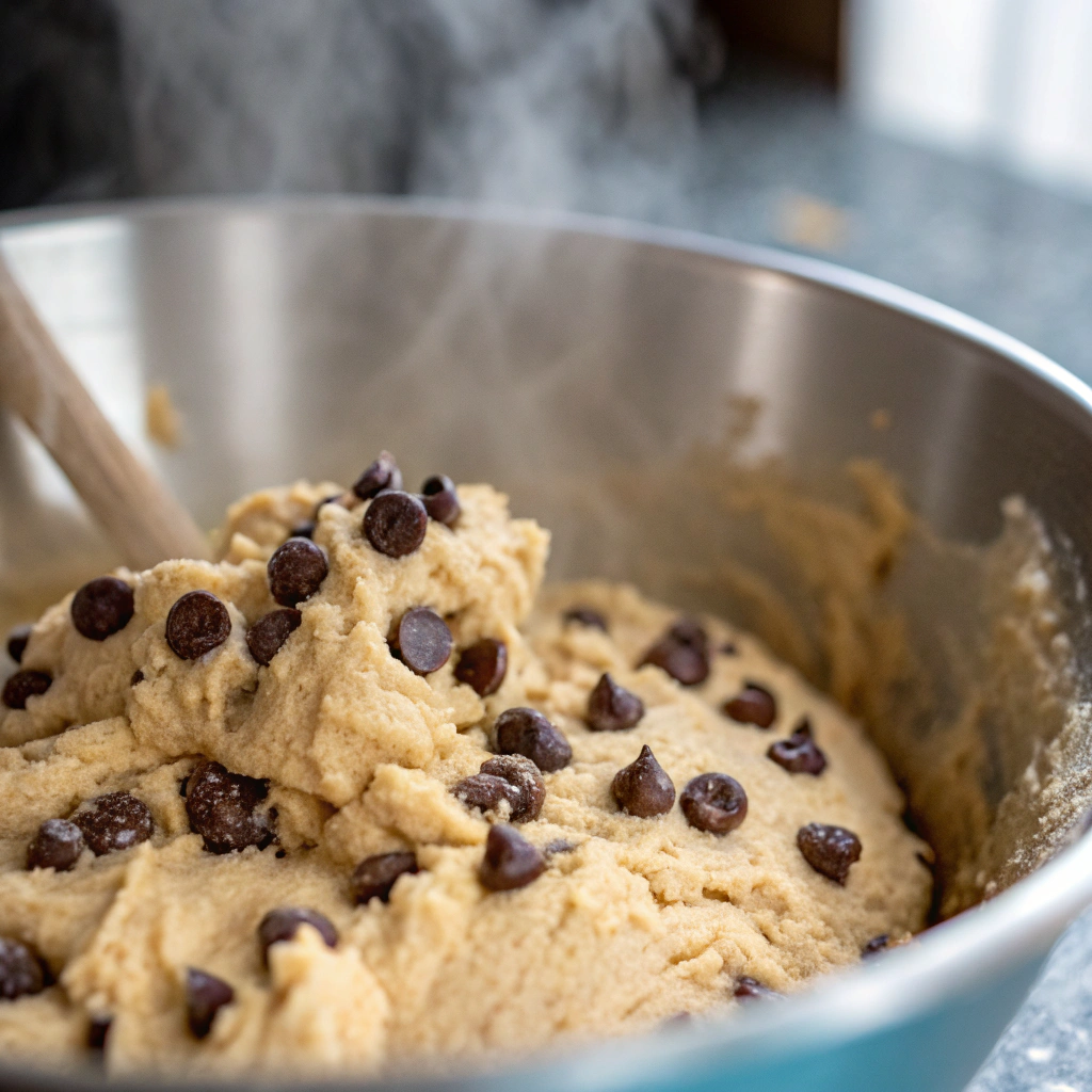 a mixing bowl with pancake mix cookie dough showing chocolate chips evenly distributed