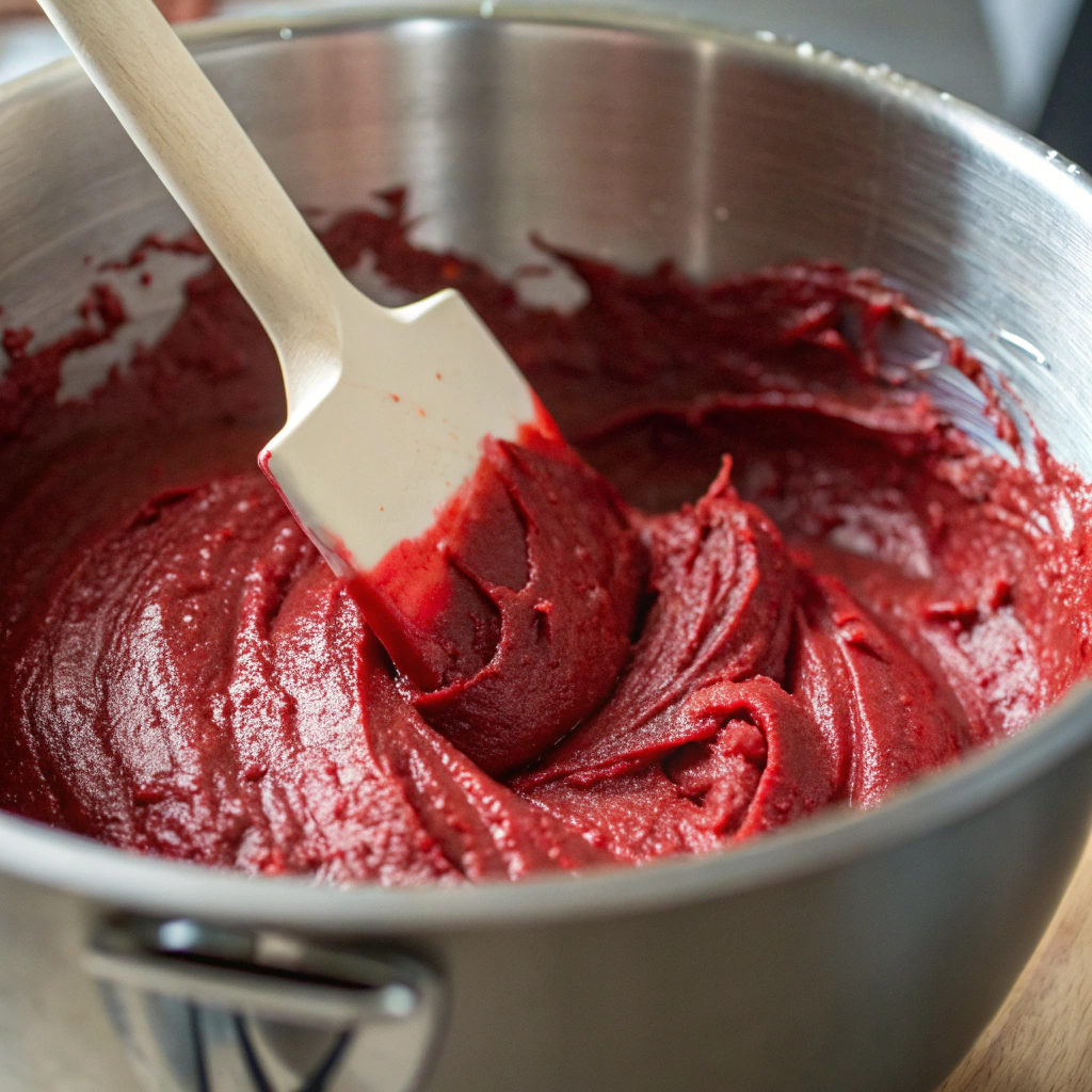 a mixing bowl with red velvet cake batter being stirred with a rubber spatula, showcasing the smooth texture of the batter