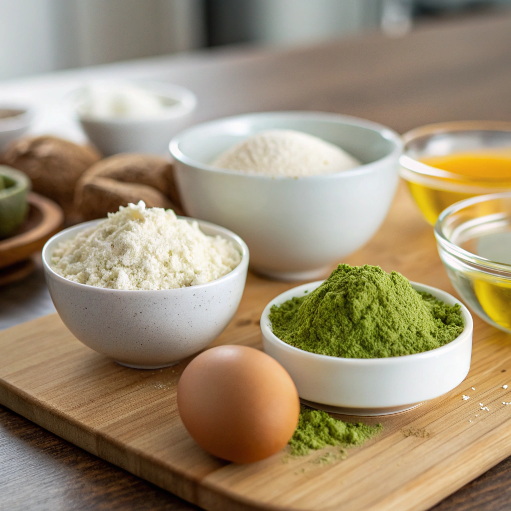 a neatly arranged assortment of ingredients including almond flour, matcha powder, eggs, and coconut oil on a wooden kitchen counter