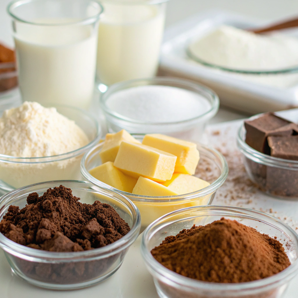 A neatly arranged assortment of ingredients including butter, milk, flour, sugar, and cocoa powder for making microwave chocolate pudding cake